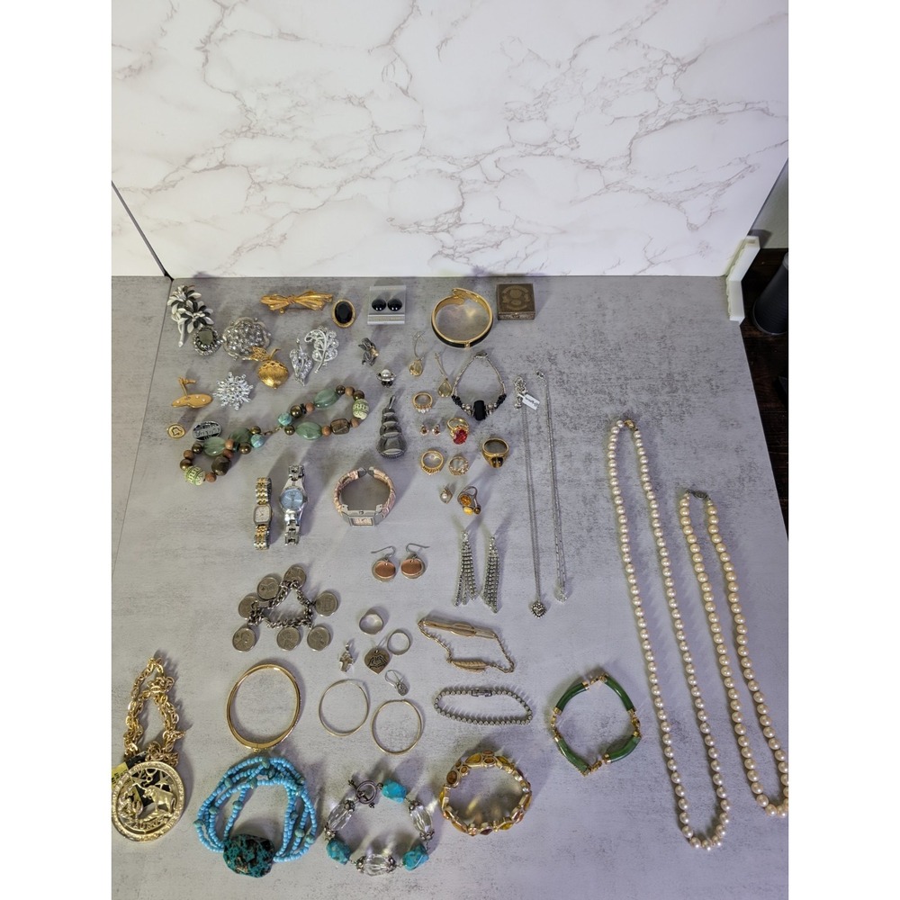 Vintage Jewelry Estate Lot Signed Unsigned STERLING SILVER Gems Costume 58 Items